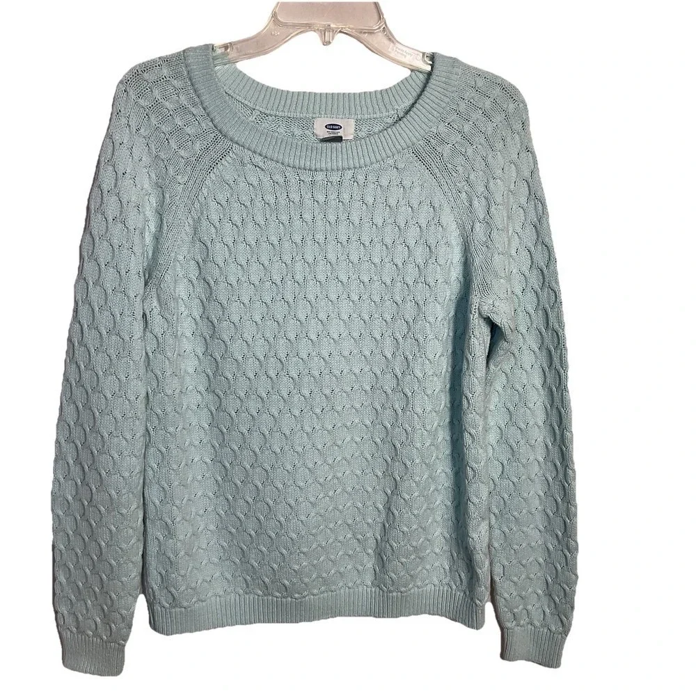 Womens's Large Sea Foam Cable Knit Crew Neck Sweater Old Navy Preppy Coastal